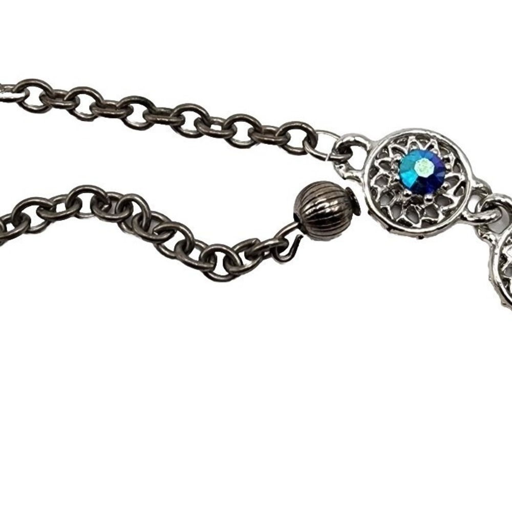 Vintage Dark Blue Aurora Borealis Rhinestone Silver Tone Filagree Necklace 17.5" - Picture 9 of 15